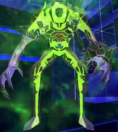 A corrupted amalgamation of Users: a large, misshapen humanoid form with a glowing green core, three visible heads, and large purple claws