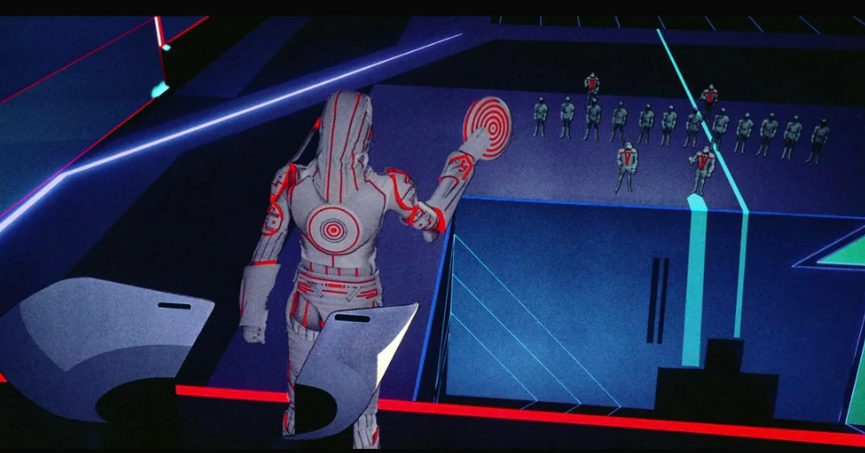Sark, from the first Tron movie, brandishing an identity disc and educating new conscripts about how the games work