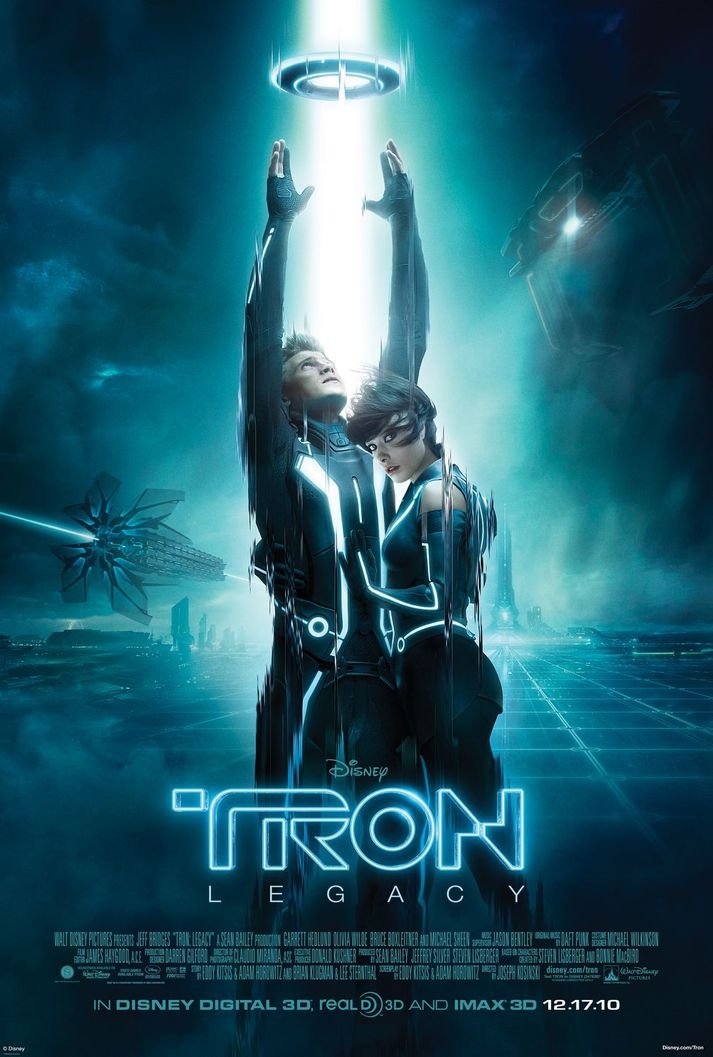 The poster for Tron: Legacy, showing Sam and Quorra standing where Tron and Yori stood in the original poster