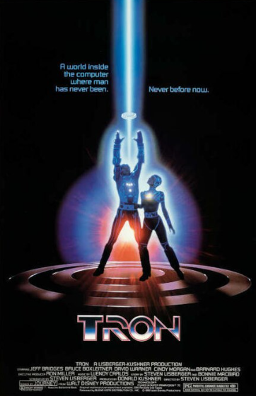 Movie poster for Tron, showing Tron holding a disk over his head in a beam of light, while Yori stands by him
