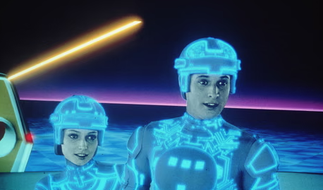Tron and Yori, two programs inside The Grid of the original Tron movie